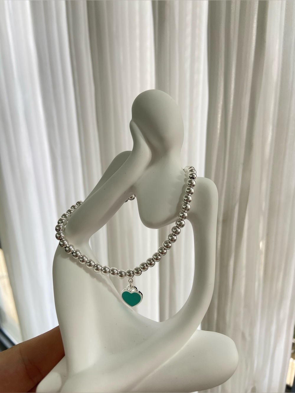 Silver Bead Bracelet with Teal Heart Charm